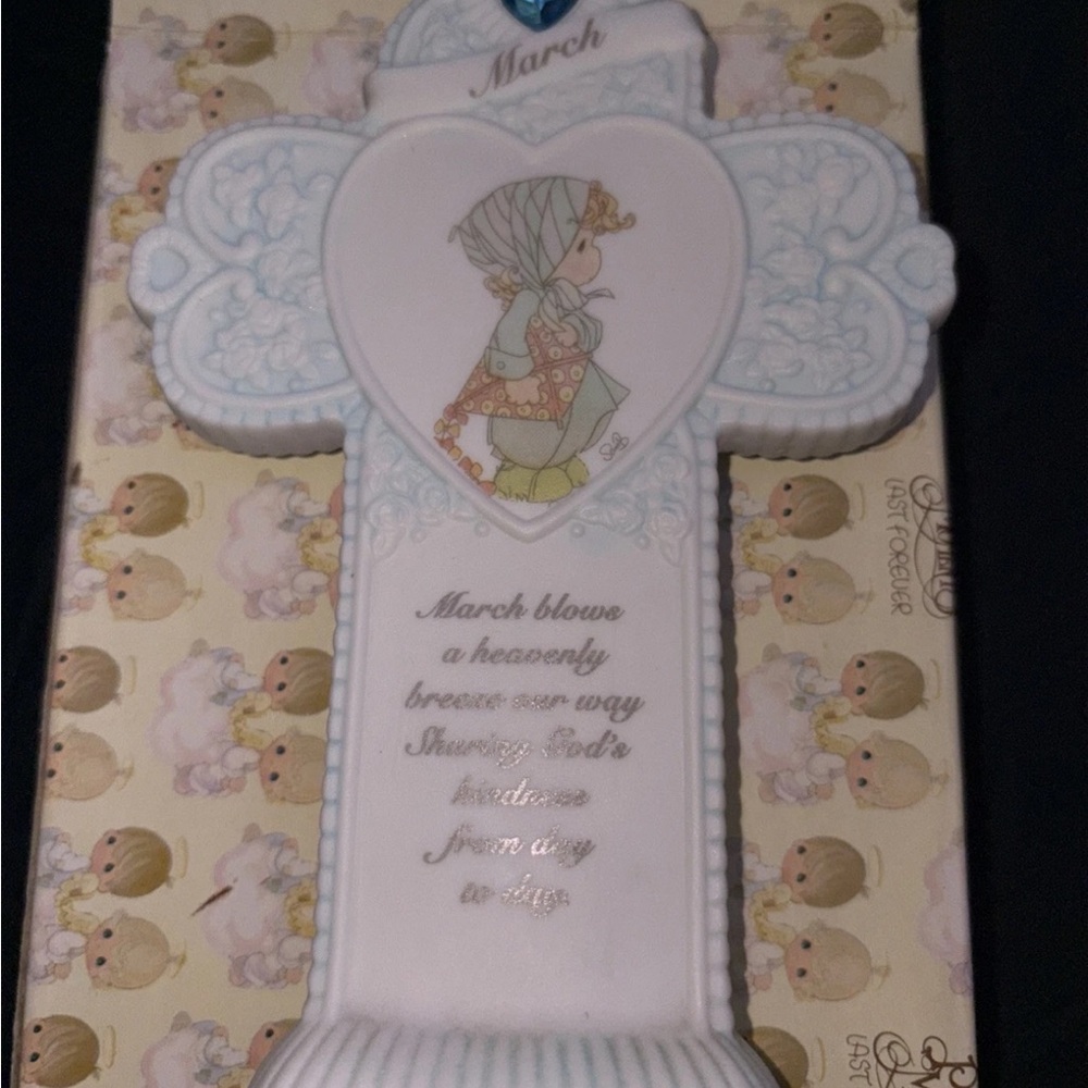 Precious Moment March Cross 6" Porcelain Stand Alone Birthday & Stone In Box